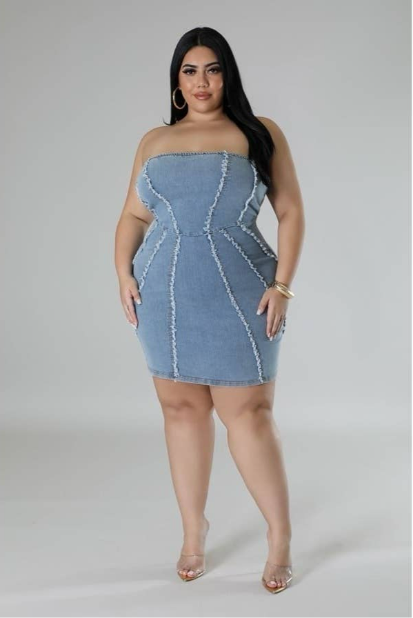 Plus Size Sleek Denim Tube Top Bodycon Mini Dress