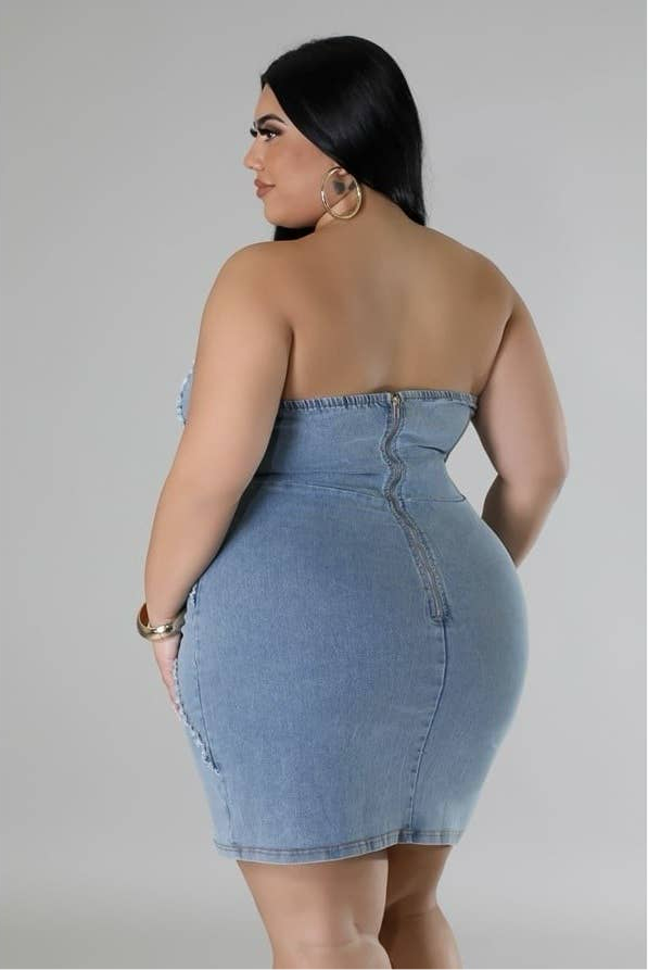 Plus Size Sleek Denim Tube Top Bodycon Mini Dress