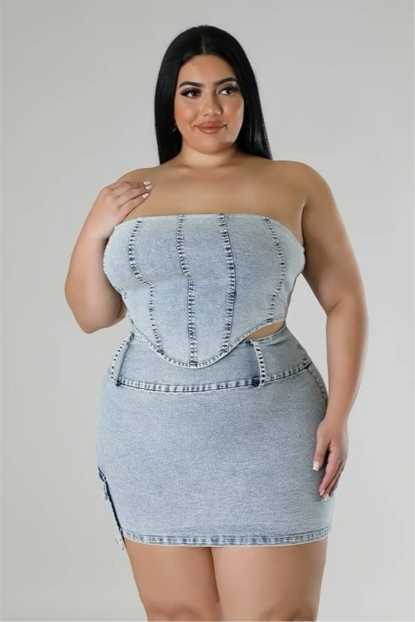 Plus Denim Corset Tube Top High-Waisted Skirt Set