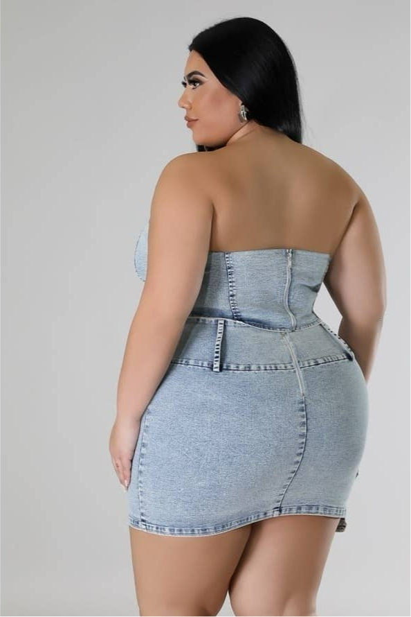 Plus Denim Corset Tube Top High-Waisted Skirt Set