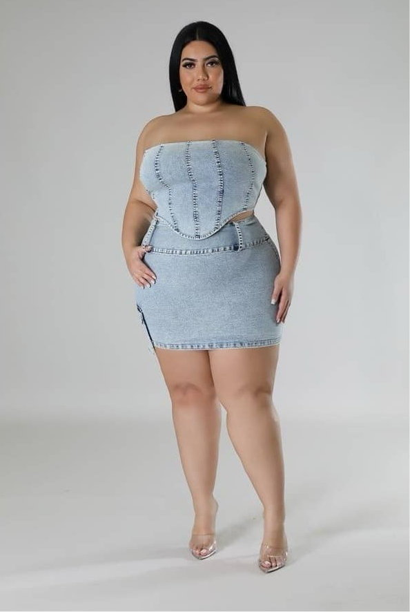 Plus Denim Corset Tube Top High-Waisted Skirt Set